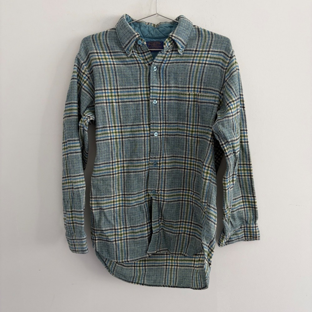 Vintage Pendleton Wool Plaid Flannel Shirt Blue Green Large Button Down Mens